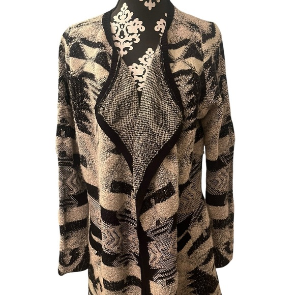 Lucky Brand Bali Aztec Long Open Cardigan Sweater Black Tan Large Chic Textured - Picture 1 of 5